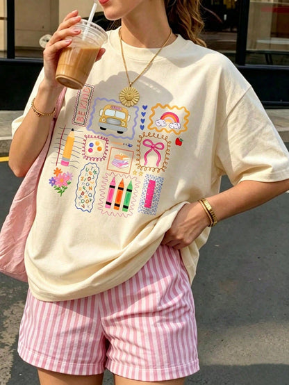 Y2K Women's Cute Graphic T-Shirt, Indie Style Colorful Crayon & Rainbow Print Short Sleeve Top, Sweet Casual Preppy Style Blouse Summer, Aesthetic