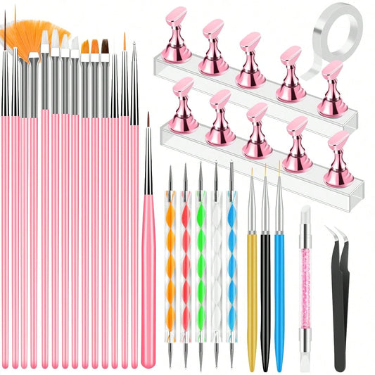 YOOVR Nail Art Tools Set, Nail Stand For Press On Holder For Painting Nails, Nail Art Brushes, Liner Brushes, Nail Dotting Tool, Must Haves Design Tools Supplies Kit For Nail Tech &Amp; Beginners (Pin