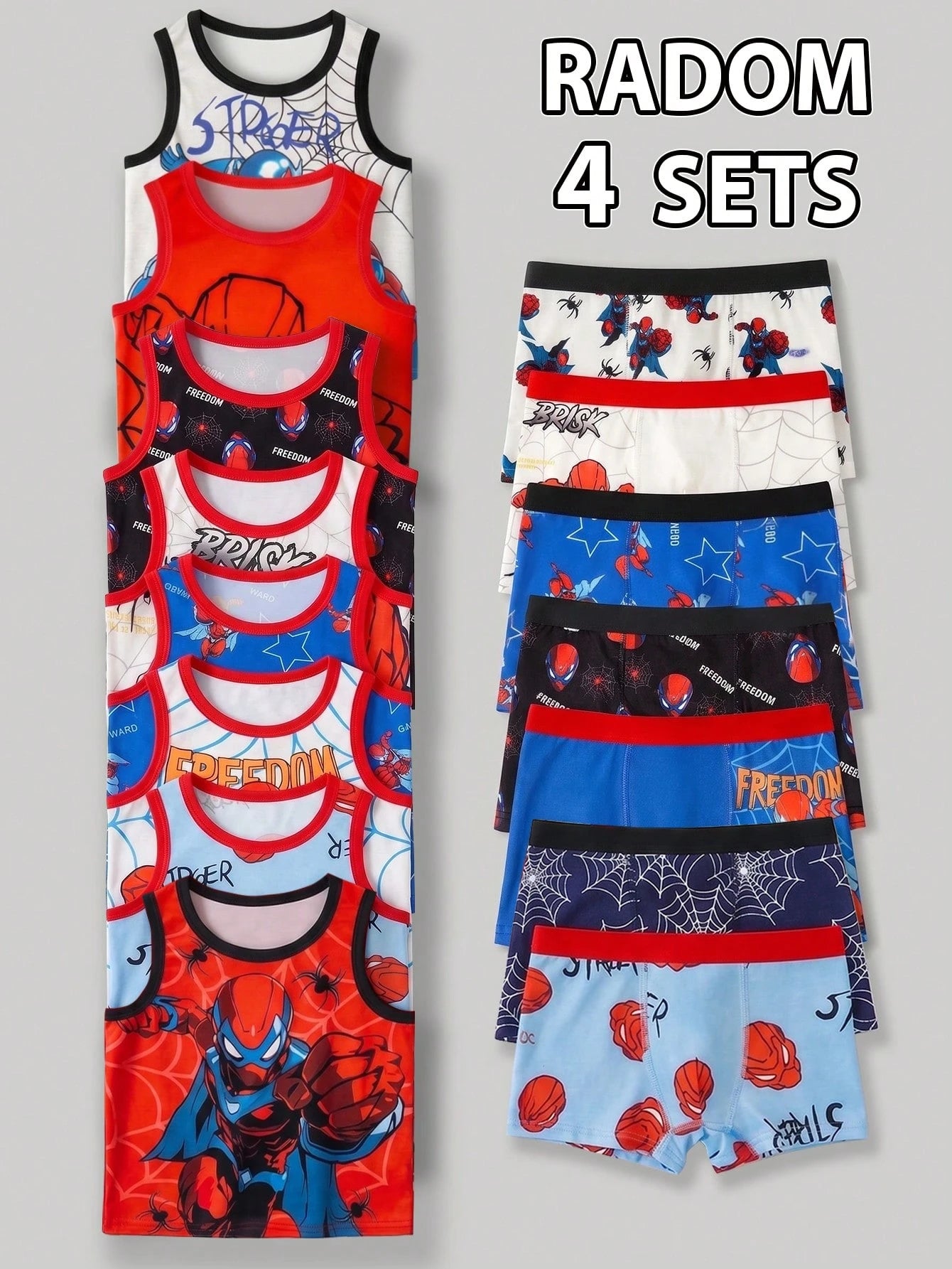 Young Boys' Simple All-Over Print Comfortable Sleeveless Tank Top And Square Leg Briefs 4-Piece Underwear Set