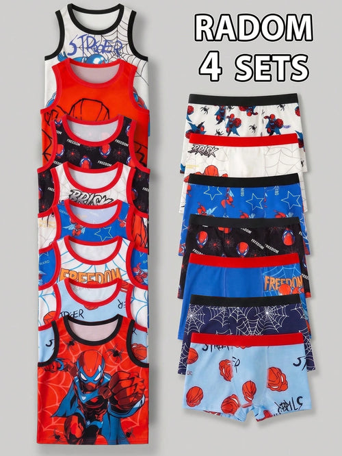Young Boys' Simple All-Over Print Comfortable Sleeveless Tank Top And Square Leg Briefs 4-Piece Underwear Set