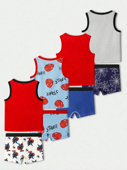 Young Boys' Simple All-Over Print Comfortable Sleeveless Tank Top And Square Leg Briefs 4-Piece Underwear Set