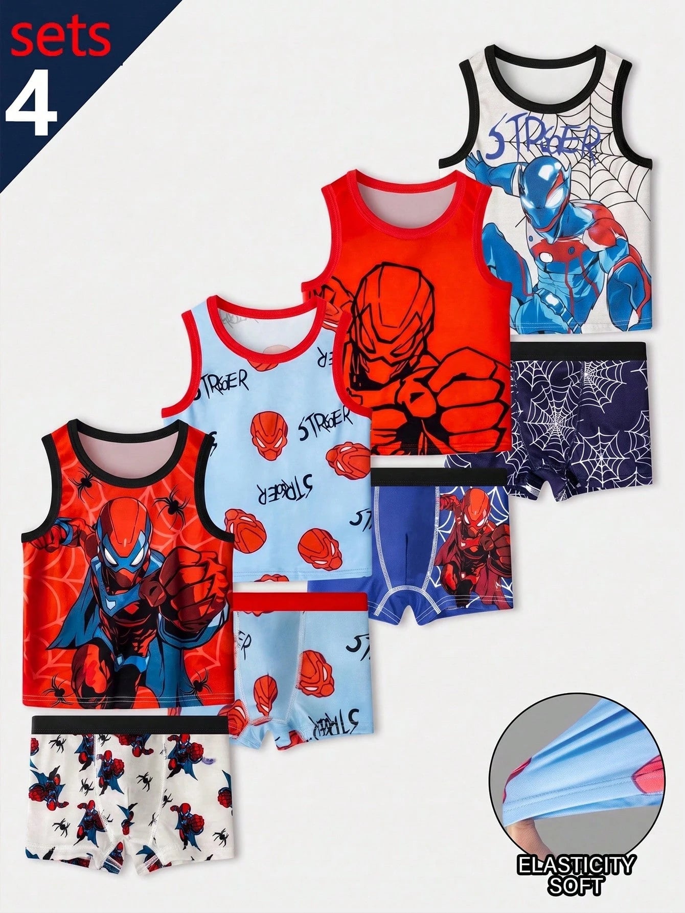 Young Boys' Simple All-Over Print Comfortable Sleeveless Tank Top And Square Leg Briefs 4-Piece Underwear Set