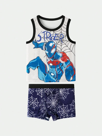 Young Boys' Simple All-Over Print Comfortable Sleeveless Tank Top And Square Leg Briefs 4-Piece Underwear Set