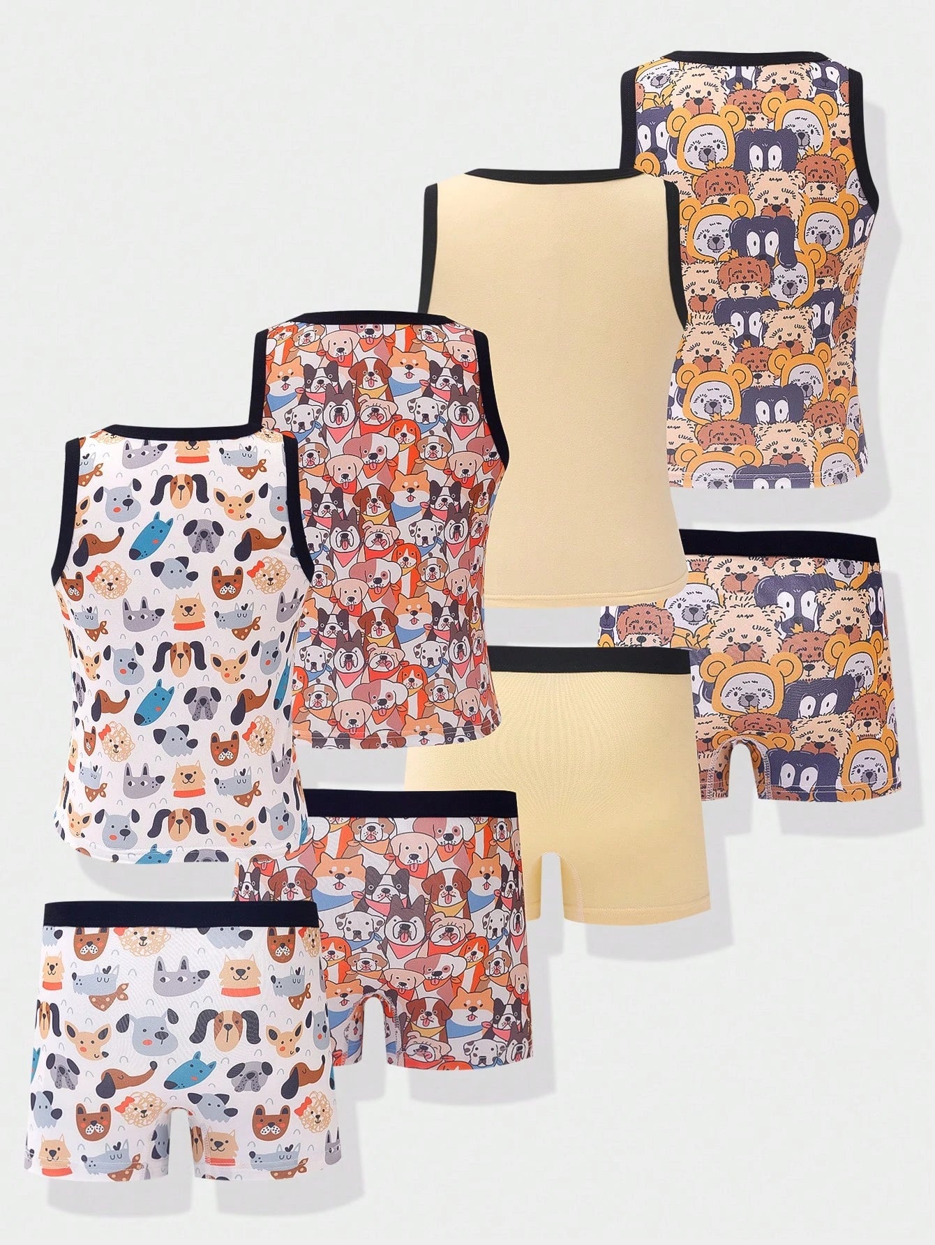 Young Boys' Simple All-Over Print Comfortable Sleeveless Tank Top And Square Leg Briefs 4-Piece Underwear Set