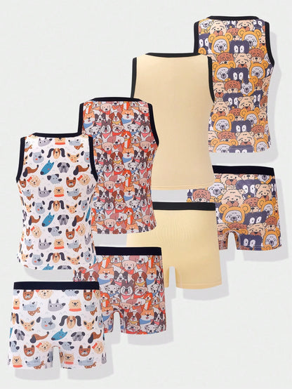 Young Boys' Simple All-Over Print Comfortable Sleeveless Tank Top And Square Leg Briefs 4-Piece Underwear Set