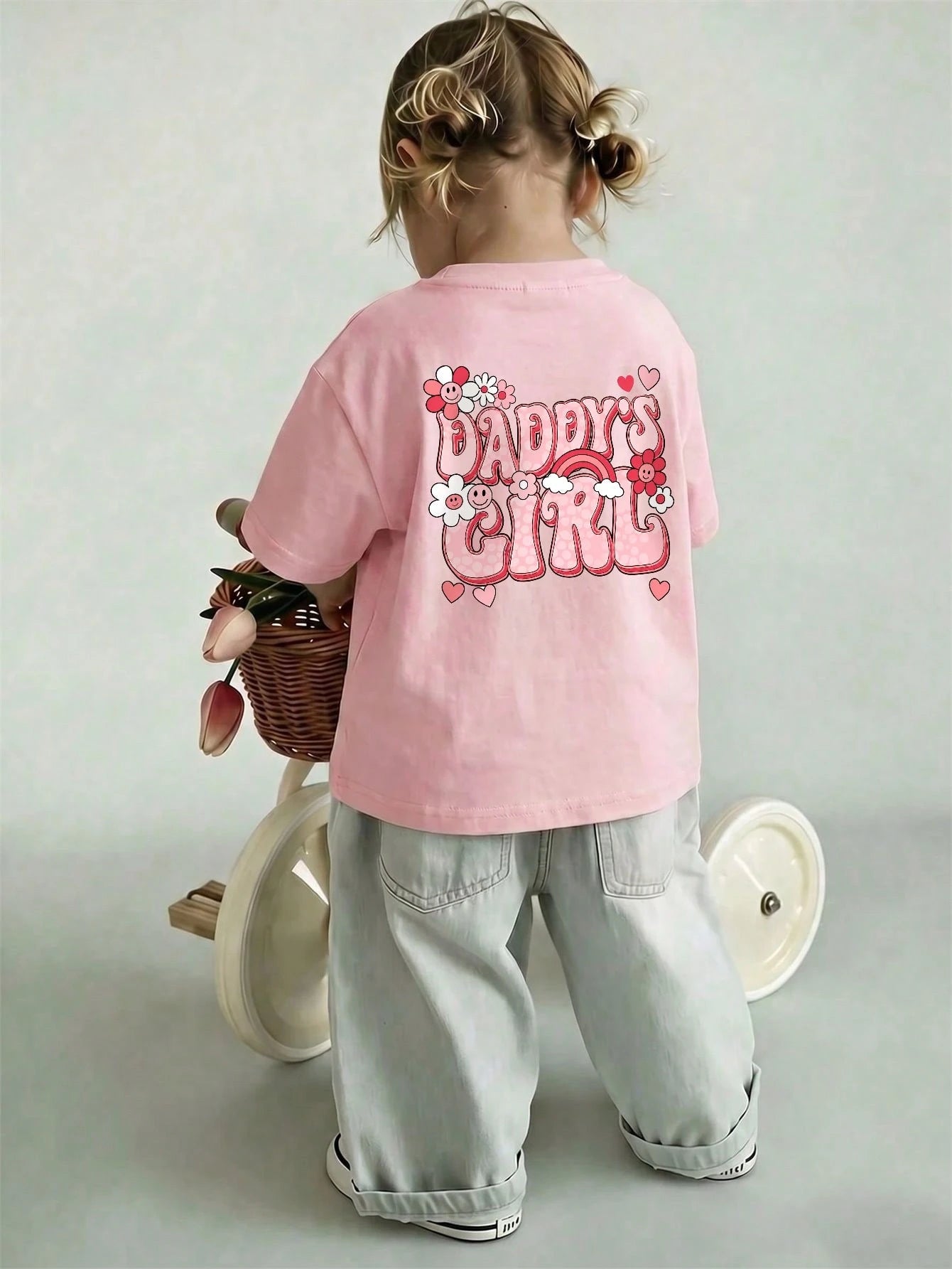 Young Girl Casual Graphic Print Crew Neck Short Sleeve T-Shirt, Summer Top