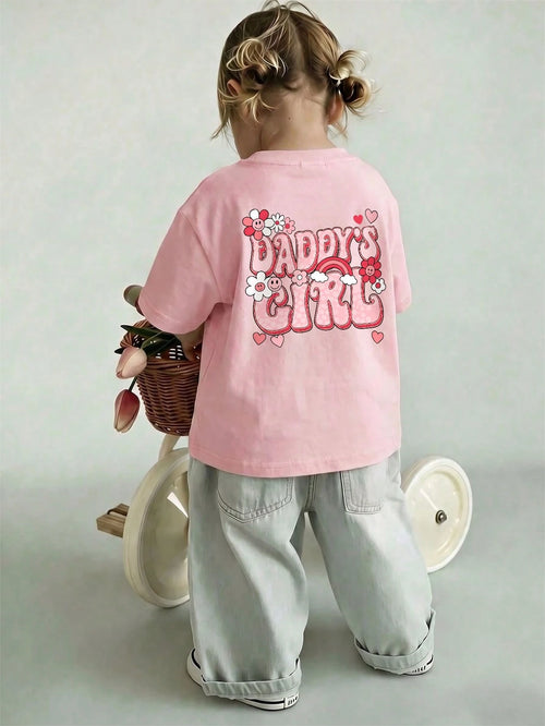 Young Girl Casual Graphic Print Crew Neck Short Sleeve T-Shirt, Summer Top