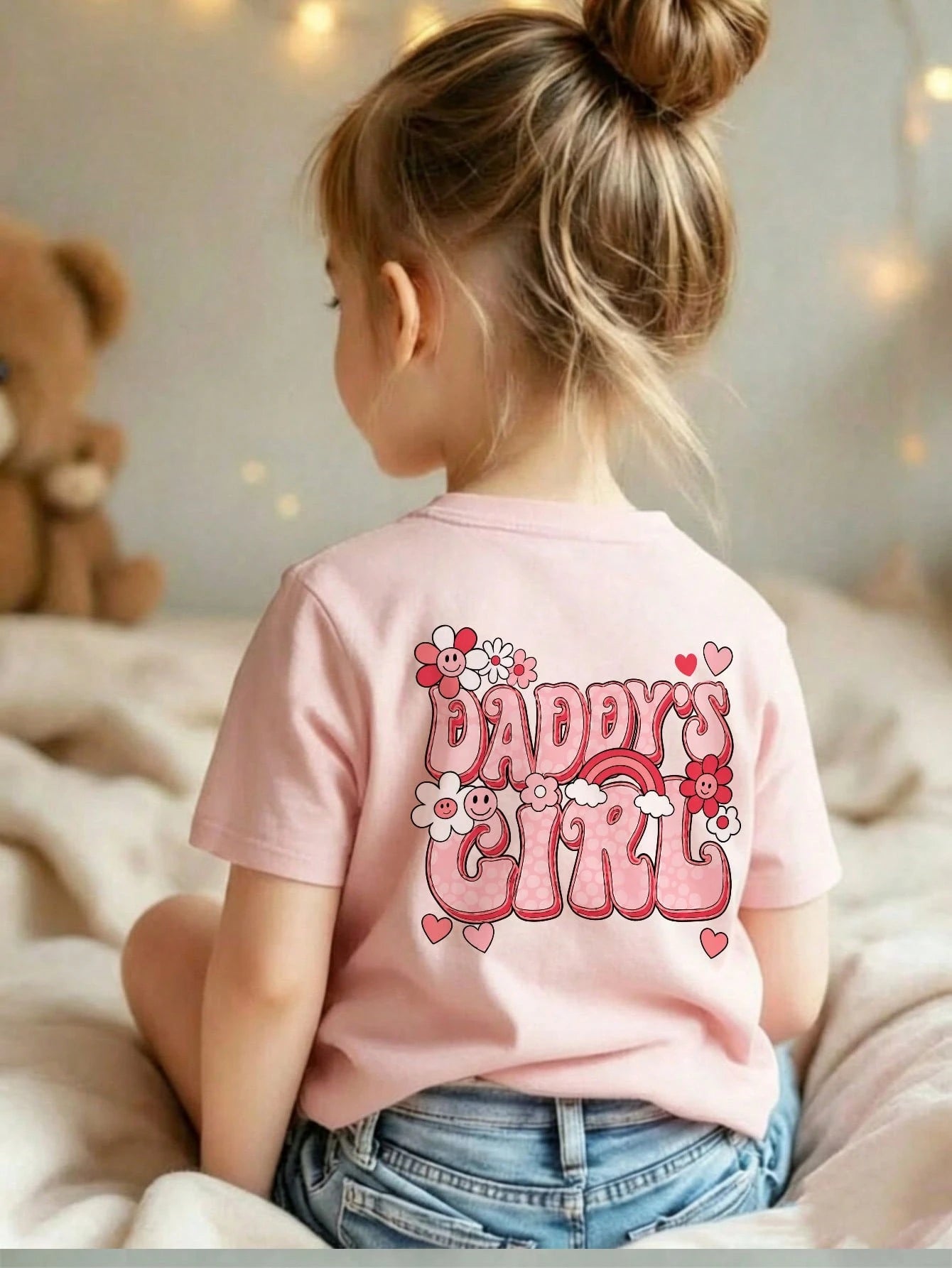 Young Girl Casual Graphic Print Crew Neck Short Sleeve T-Shirt, Summer Top